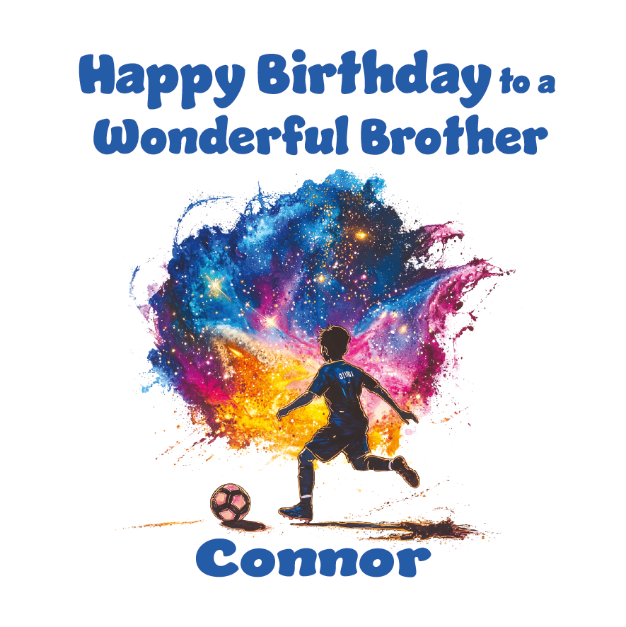 A Birthday Card with an artistic football illustration and personalised birthday wishes. Can be personalised for name and relation