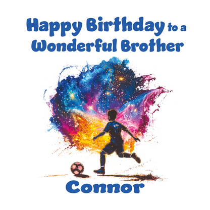 A Birthday Card with an artistic football illustration and personalised birthday wishes. Can be personalised for name and relation