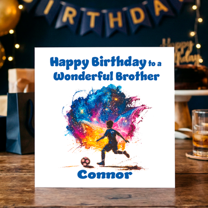 Birthday card for a son with  an illustration of a footballer. colorful design and text on a wooden table. Can be personalised for mane and relation