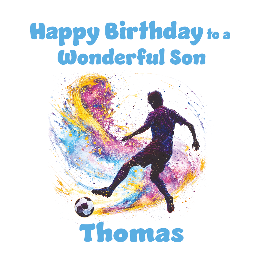 A Birthday Card with an artistic football illustration and personalised birthday wishes. Can be personalised for name and relation