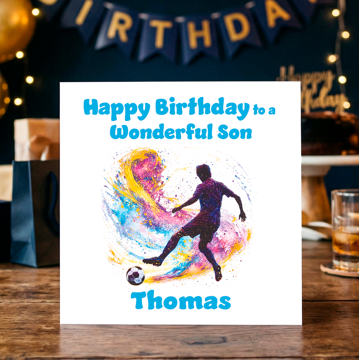 Birthday card for a son with  an illustration of a footballer. colorful design and text on a wooden table. Can be personalised for mane and relation