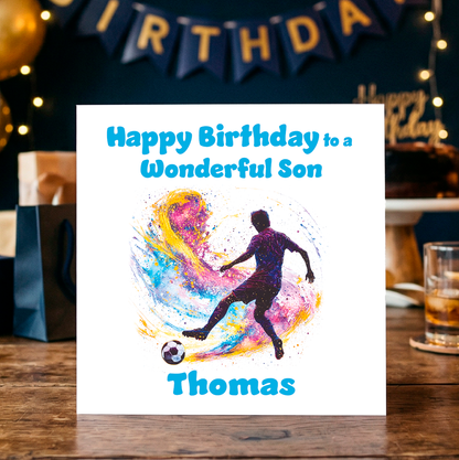 Birthday card for a son with  an illustration of a footballer. colorful design and text on a wooden table. Can be personalised for mane and relation