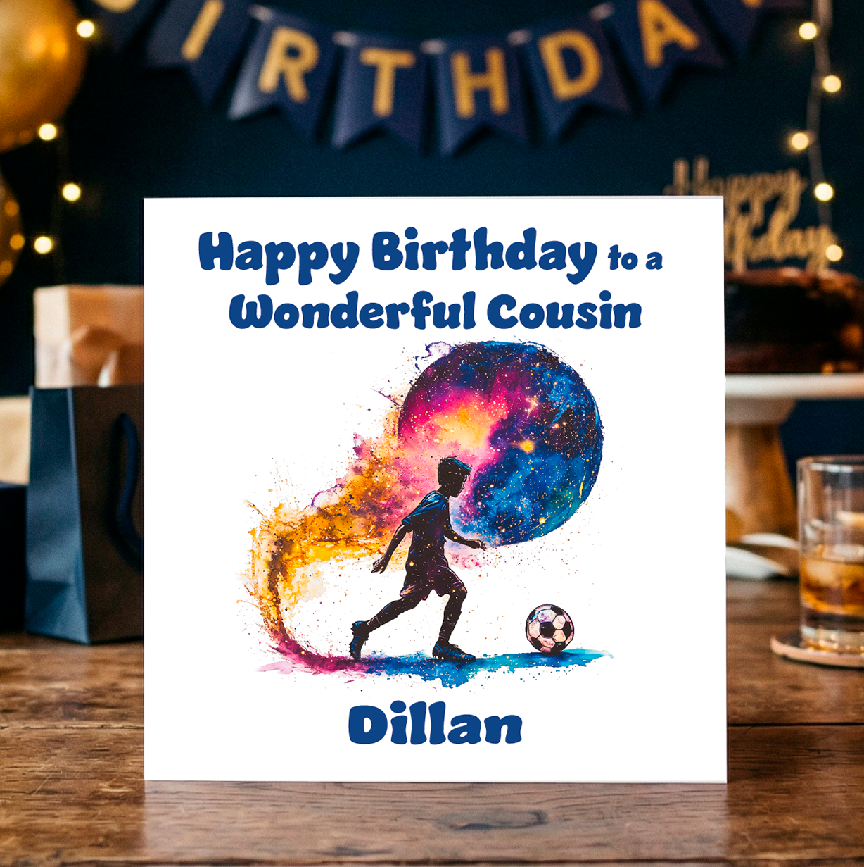 Birthday card for a son with  an illustration of a footballer. colorful design and text on a wooden table. Can be personalised for mane and relation