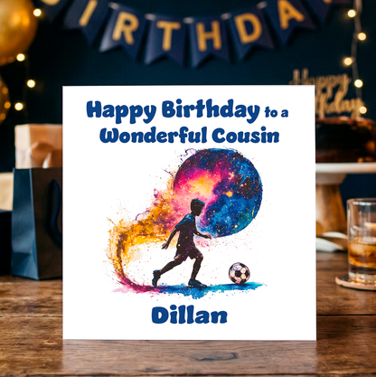 Birthday card for a son with  an illustration of a footballer. colorful design and text on a wooden table. Can be personalised for mane and relation