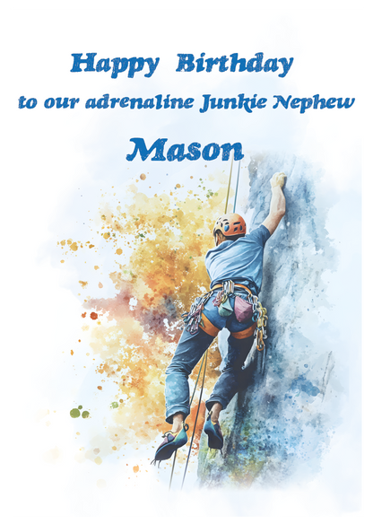A Birthday Card with an illustration of a man rock climbing with a personalised birthday message. Can be personalised for name and relation.