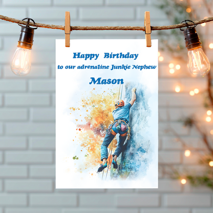 A Birthday Card with an illustration of a man rock climbing with a personalised birthday message. Can be personalised for name and relation.
