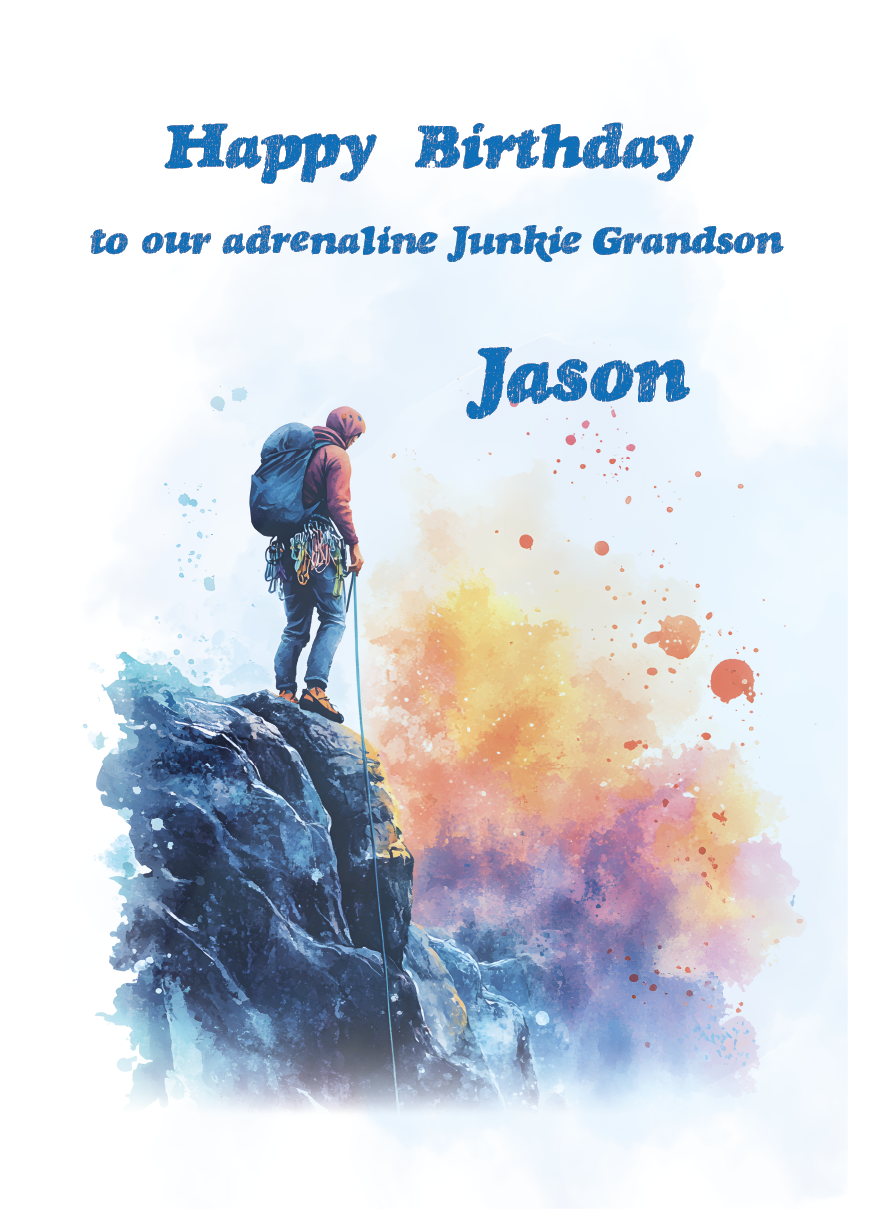 A Birthday Card with an illustration of a man rock climbing with a personalised birthday message. Can be personalised for name and relation.
