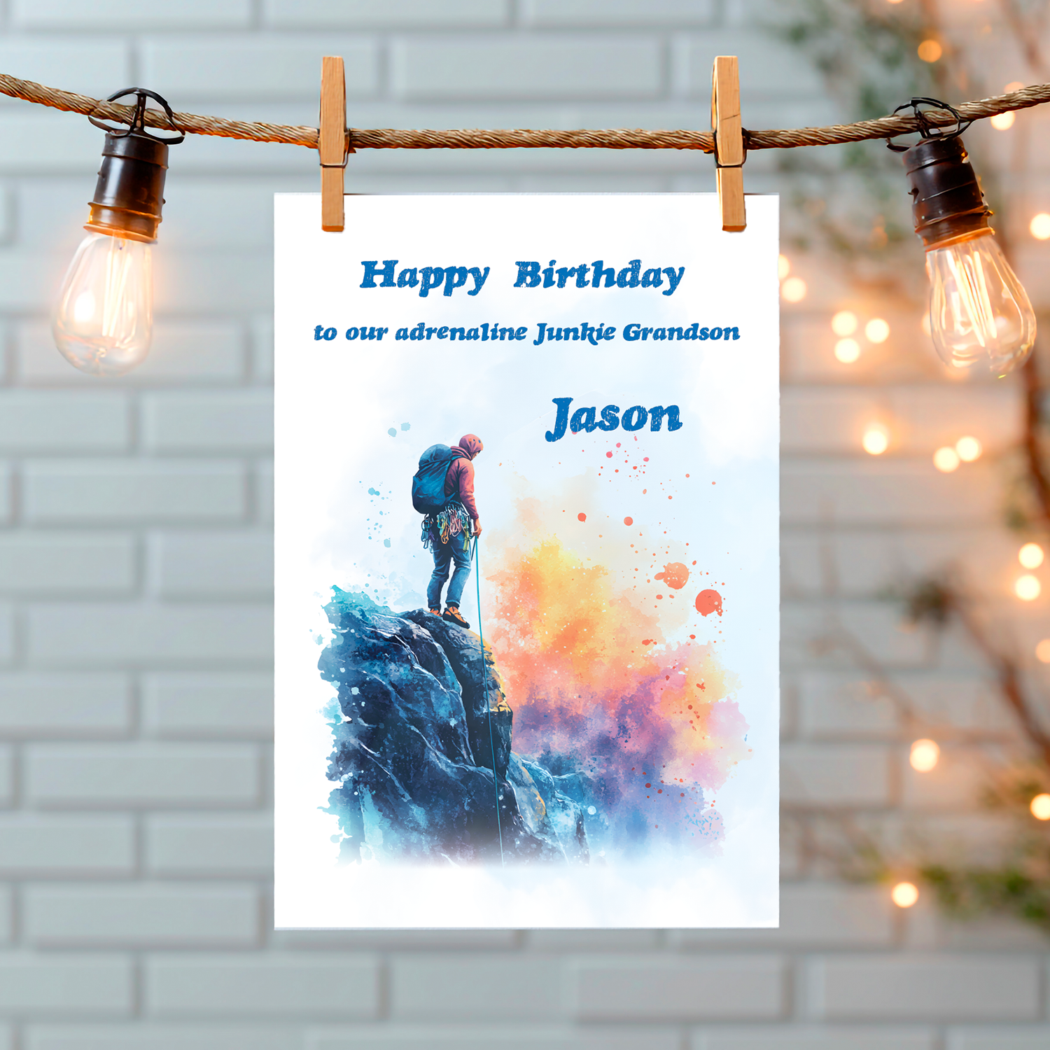 A Birthday Card with an illustration of a man rock climbing with a personalised birthday message. Can be personalised for name and relation.