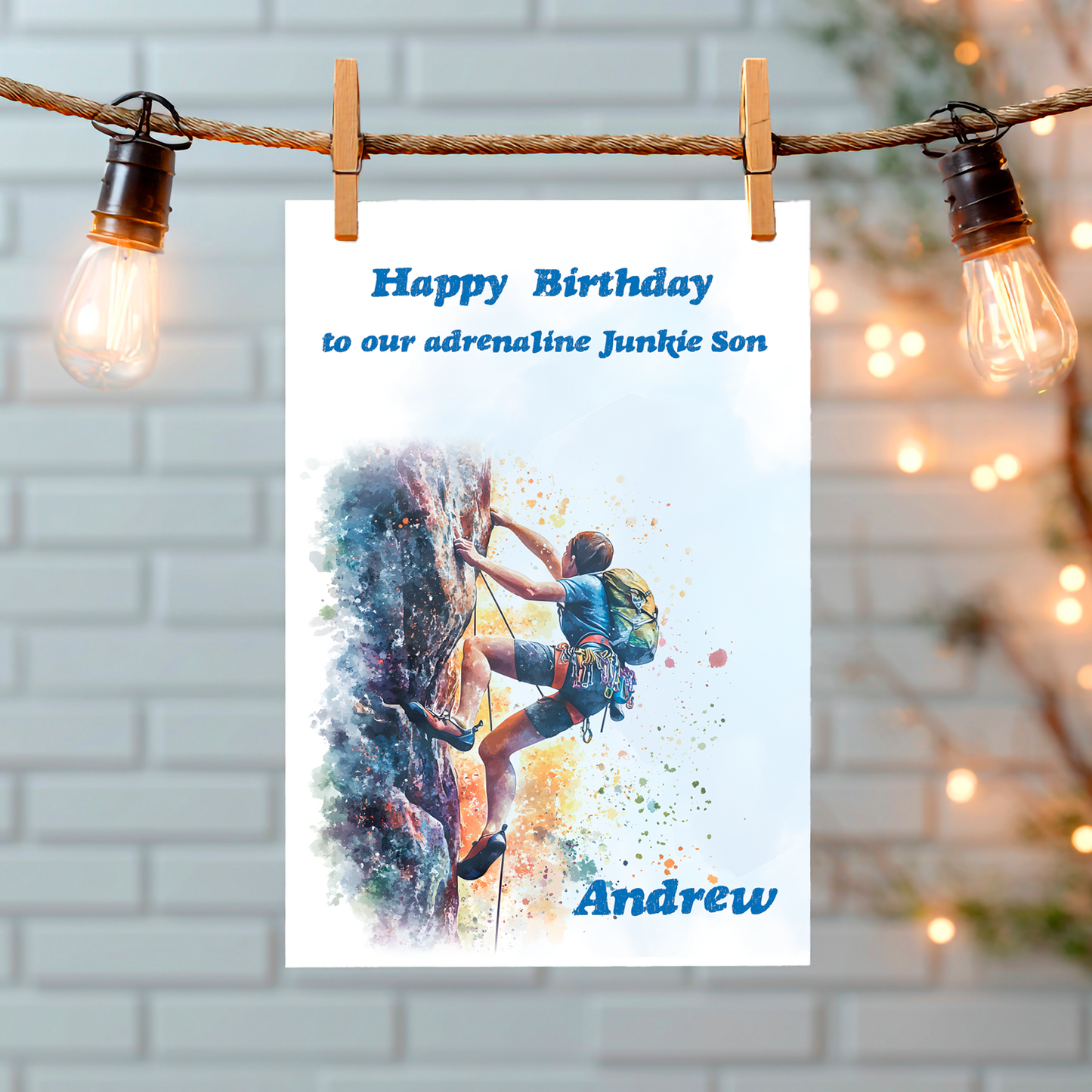 A Birthday Card with an illustration of a man rock climbing with a personalised birthday message. Can be personalised for name and relation.
