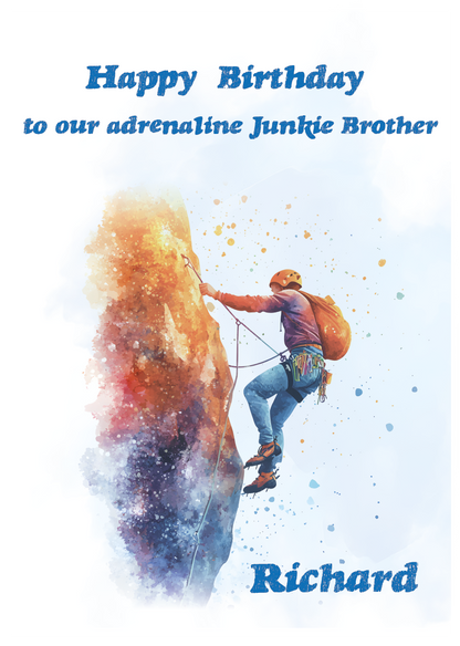 A Birthday Card with an illustration of a man rock climbing with a personalised birthday message. Can be personalised for name and relation.