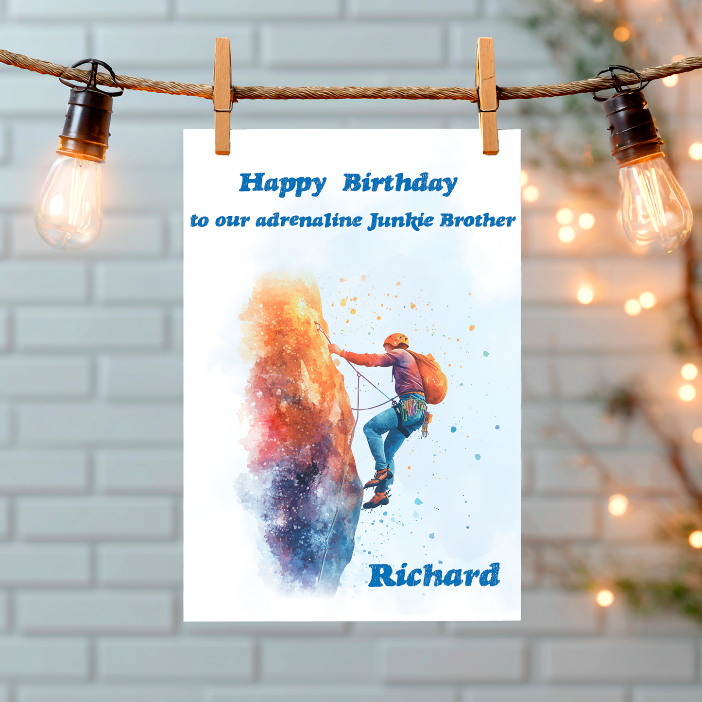A Birthday Card with an illustration of a man rock climbing with a personalised birthday message. Can be personalised for name and relation.