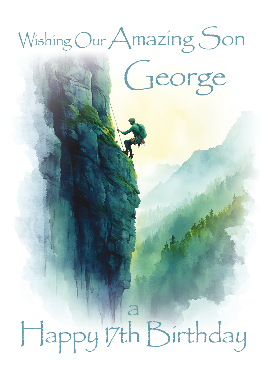 A Birthday Card with an illustration of a man rock climbing with a personalised birthday message. Can be personalised for name and relation.