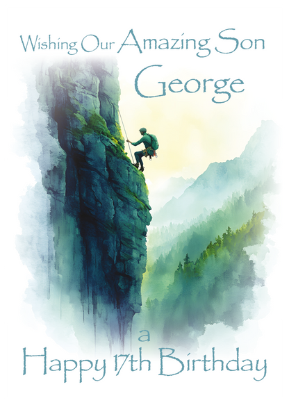 A Birthday Card with an illustration of a man rock climbing with a personalised birthday message. Can be personalised for name and relation.