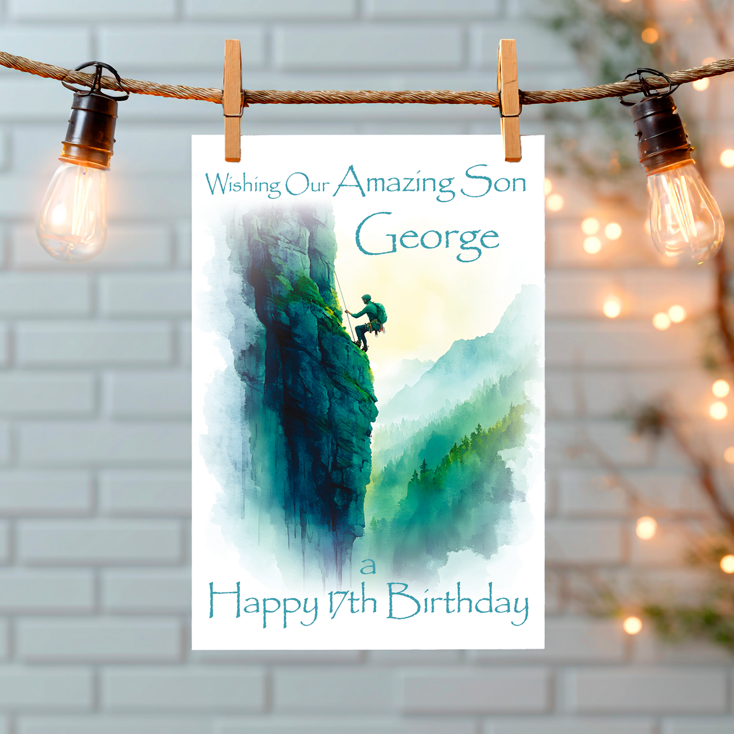 A Birthday Card with an illustration of a man rock climbing with a personalised birthday message. Can be personalised for name and relation.