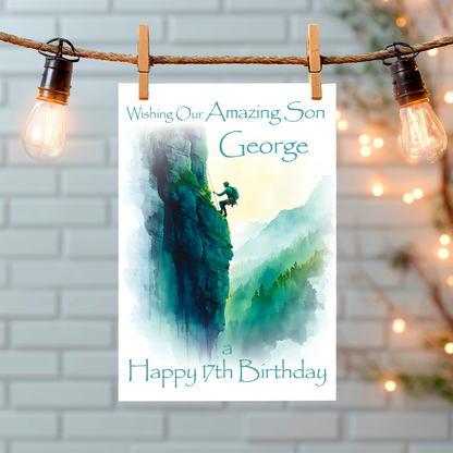 A Birthday Card with an illustration of a man rock climbing with a personalised birthday message. Can be personalised for name and relation.