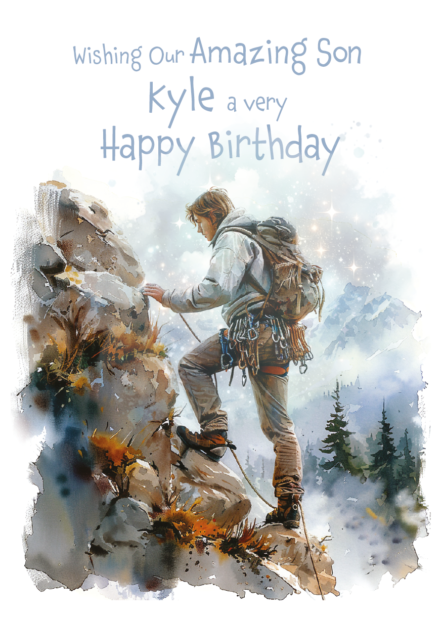 A Birthday Card with an illustration of a man rock climbing with a personalised birthday message. Can be personalised for name and relation.