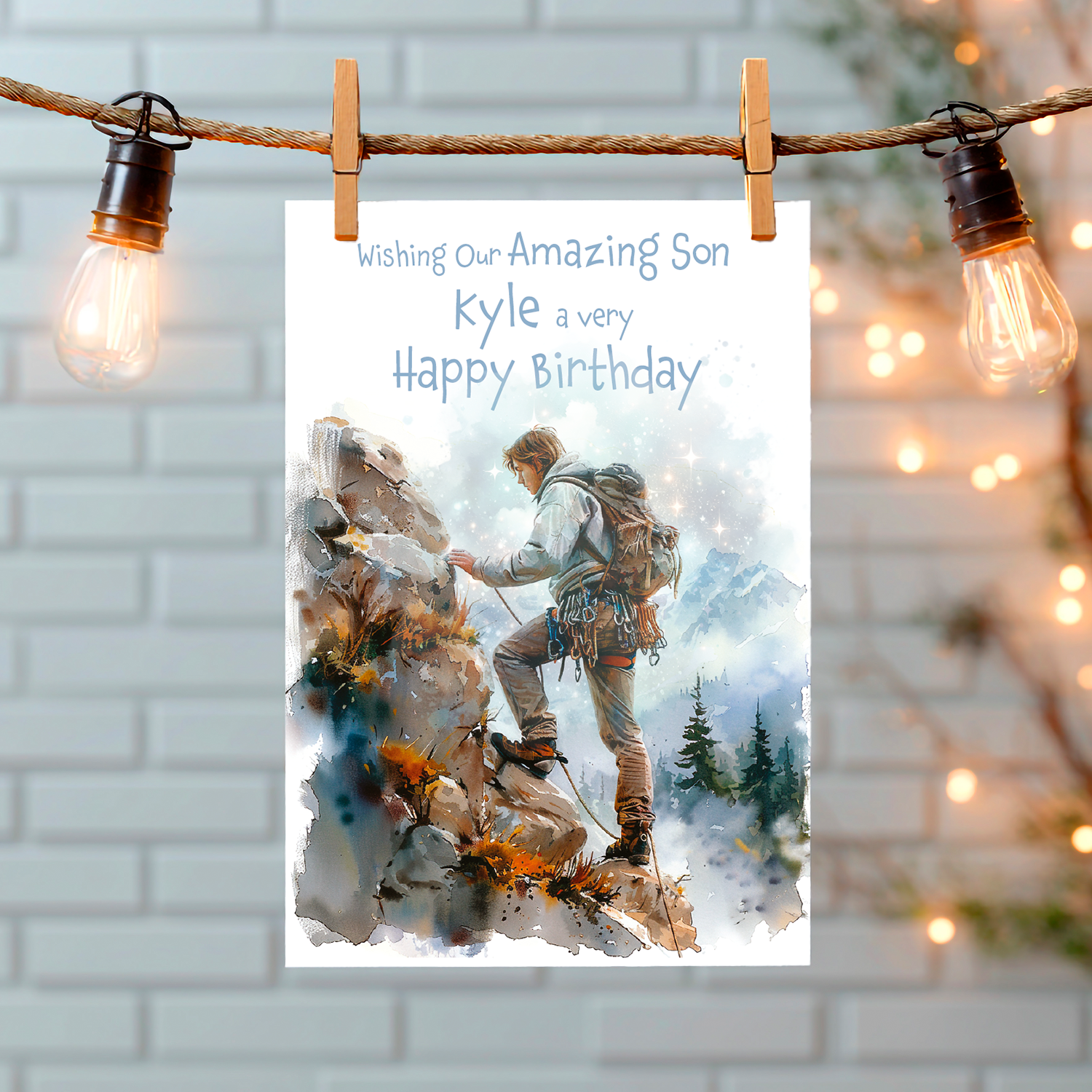 A Birthday Card with an illustration of a man rock climbing with a personalised birthday message. Can be personalised for name and relation.