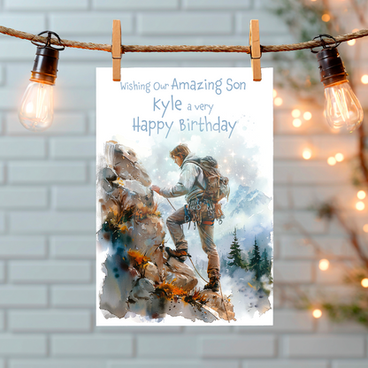 A Birthday Card with an illustration of a man rock climbing with a personalised birthday message. Can be personalised for name and relation.