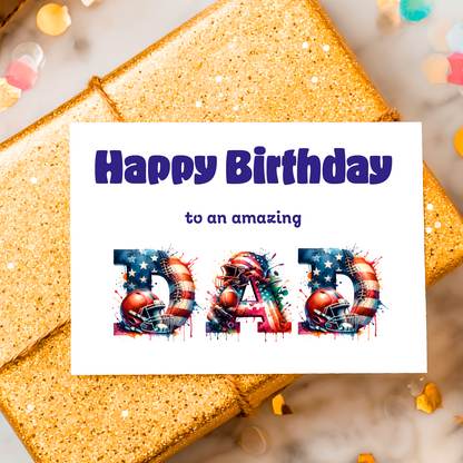 A Birthday Card with the word 'Dad' made with American football themed letters and a birthday message