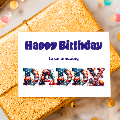 A Birthday Card with the word 'Daddy' made with American football themed letters and a birthday message