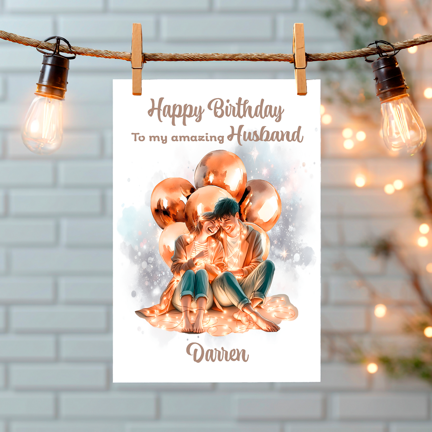 A Birthday Card with a romantic illustration of a couple cuddling whilst sat on a blanket surrounded by balloons and light with a personalised birthday message for you loved one. Can be personalised with name and relationship