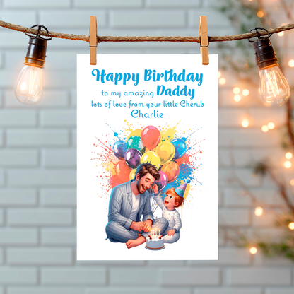 A Birthday card with an illustration of a young Boy  and his Dad with a birthday cake and balloons  and a personalised message that can be personalised for Dad,Daddy,Step Daddy or Step Dad. hanging from a string of lights on a white wall background 
