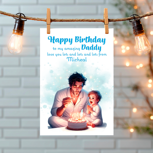 Birthday card for an amazing daddy with a man and child lighting candles on a cake, surrounded by lights.
