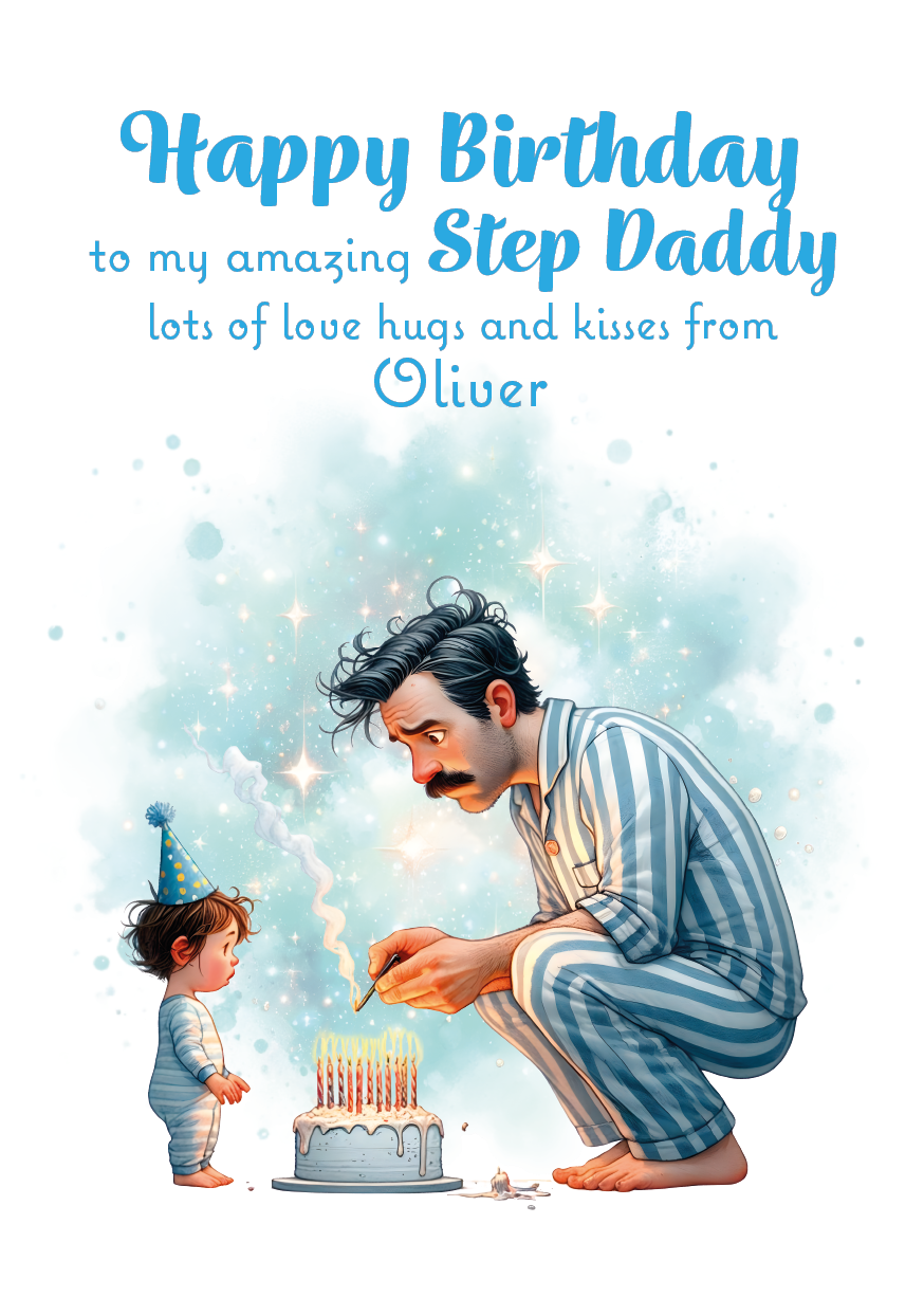 A Birthday card with an illustration of a young Boy  and his dad with a birthday cake  and a personalised message that can be personalised for Dad,Daddy,Step Daddy or Step Dad.