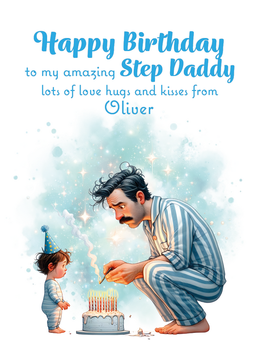 A Birthday card with an illustration of a young Boy  and his dad with a birthday cake  and a personalised message that can be personalised for Dad,Daddy,Step Daddy or Step Dad.