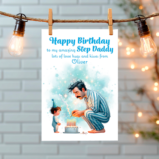 A Birthday card with an illustration of a young Boy  and his Dad with a birthday cake  and a personalised message that can be personalised for Dad,Daddy,Step Daddy or Step Dad. hanging from a string of lights on a white wall background 