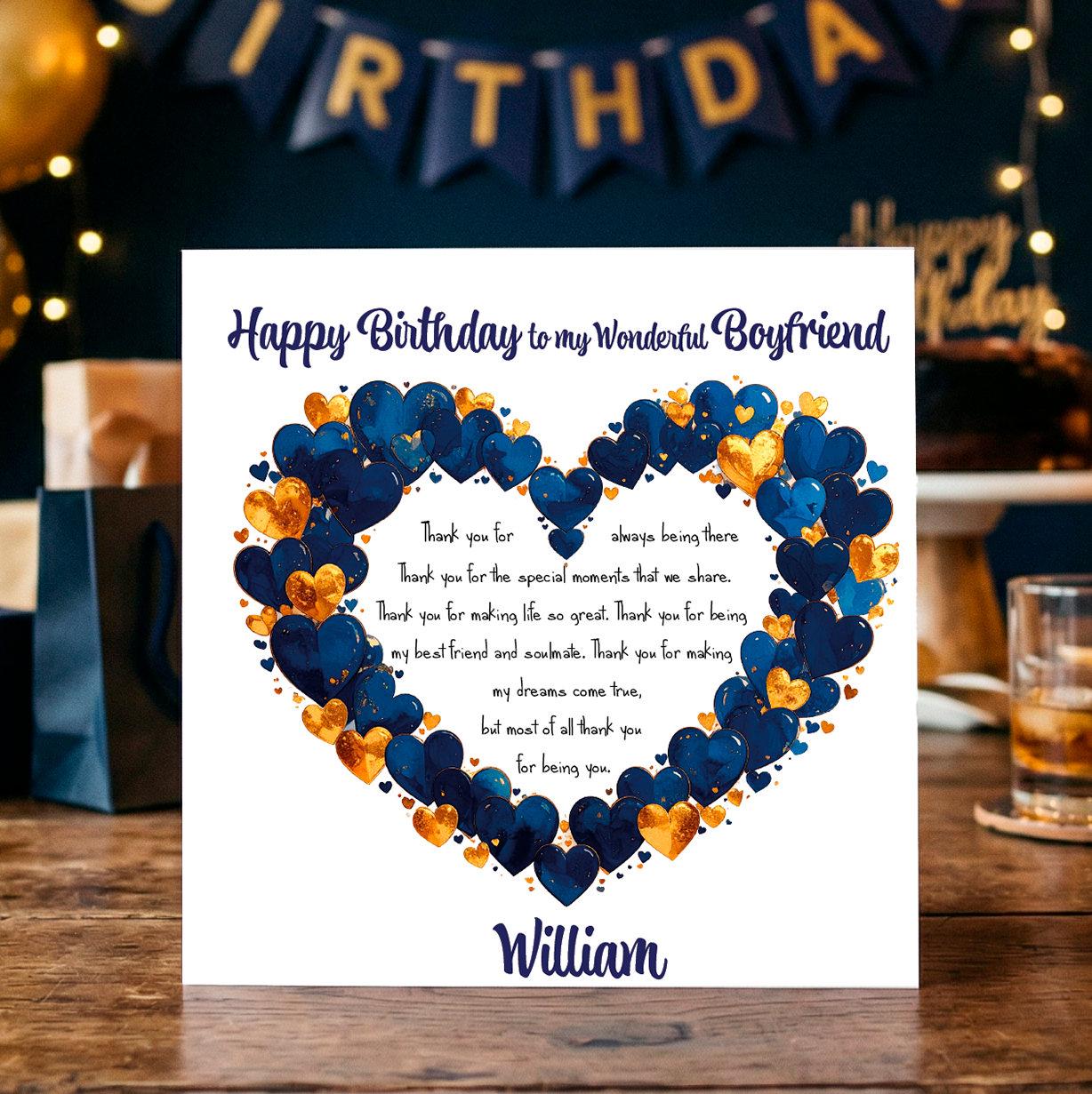 Birthday card for a wonderful boyfriend with blue and gold hearts  and a heartfelt message on a wooden table. Can be personalised for the special male in your life.