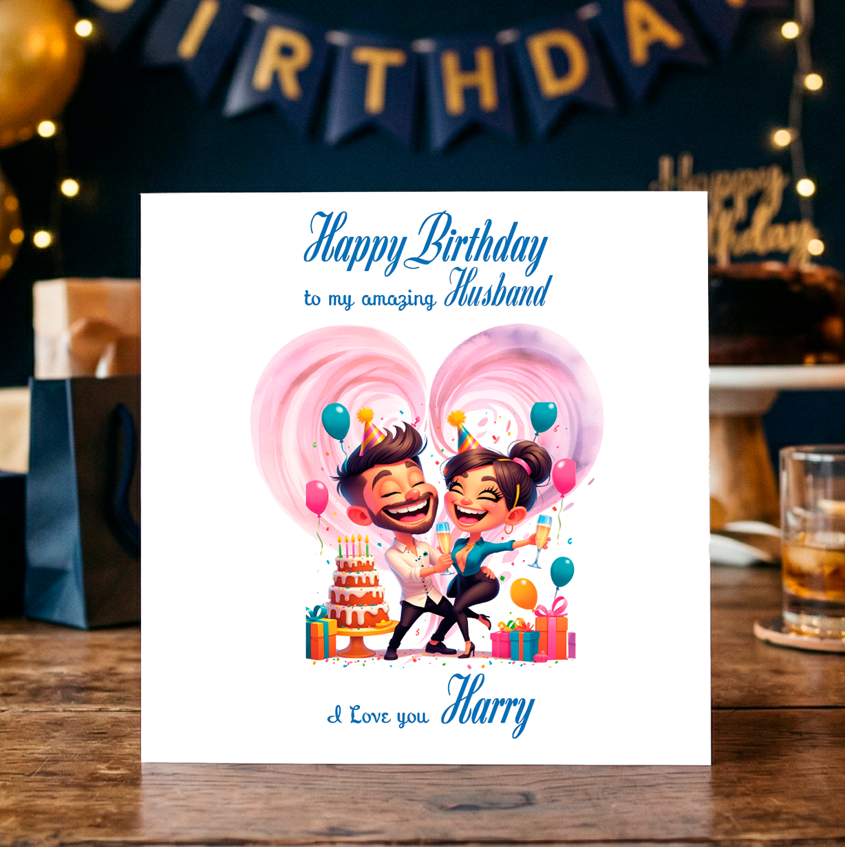 Birthday card for an amazing husband with cartoon couple and balloons on a wooden table. Can be personalised for the special male in your life.