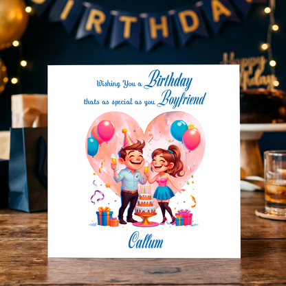 Birthday card with cartoon couple and balloons on a wooden table with birthday decorations. Can be personalised for the special male in your life.