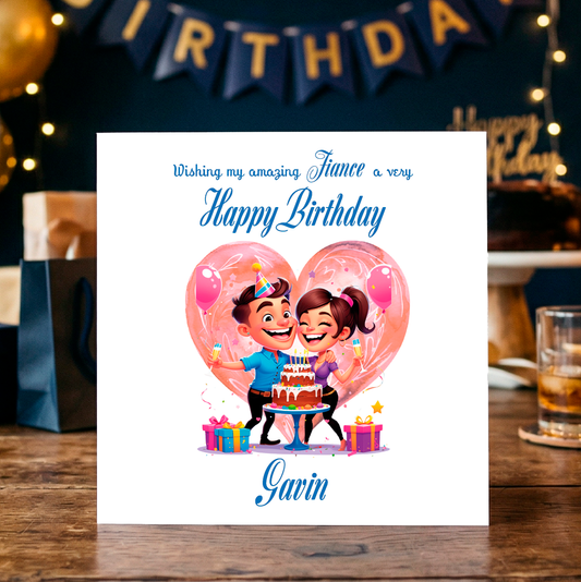 Birthday card with cartoon couple and birthday cake on a wooden table with decorations. Can be personalised for the special male in your life.