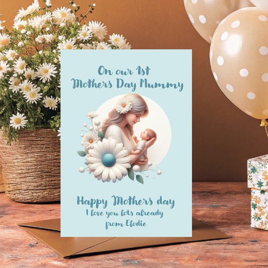 Mother's Day card with floral design and  1st Mother's Day text, placed on a wooden surface with balloons and flowers. Can be personalised with name of child/children, and for Mummy, Mum, Step Mum, Stepmummy 