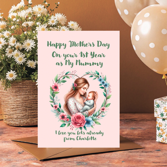 Mother's Day card with illustration of a mother and child, surrounded by flowers, on a wooden surface with balloons and flowers. Can be personalised with name of child/children, and for Mummy, Mum, Step Mum, Stepmummy 