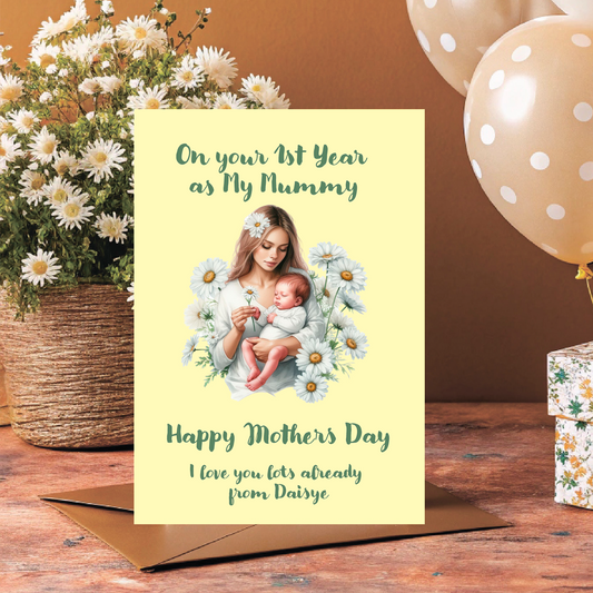  Mothers  Day Card for a first mothers day with flowers, balloons, and a gift on a wooden surface. Can be personalised with name of child/children, and for Mummy, Mum, Step Mum, Stepmummy 