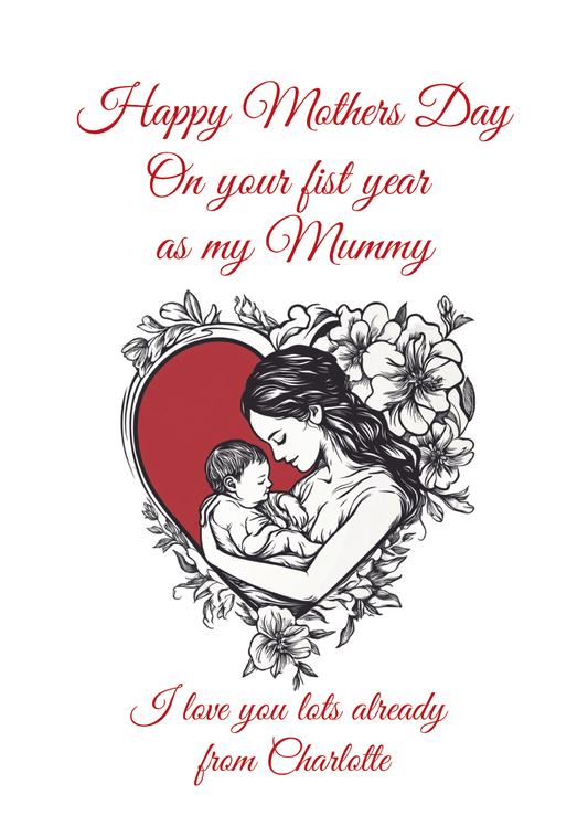 Motherhood-themed card with a mother holding a child, surrounded by flowers and 1st mother's day text on a white background. Can be personalised with name of child/children, and for Mummy, Mum, Step Mum, Stepmummy 