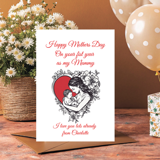 Mother's Day card with illustration of a woman holding a baby, surrounded by flowers and balloons on a wooden surface. Can be personalised with name of child/children, and for Mummy, Mum, Step Mum, Stepmummy 