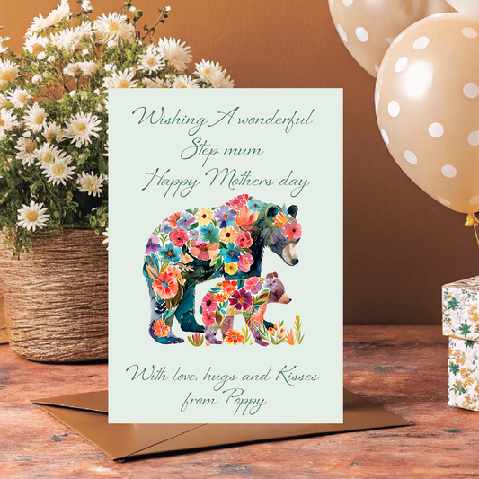 Greeting card with floral bear design on a wooden surface with flowers and balloons. Can be personalised for Mum, Mummy, Step Mum,Step Mummy, Grandma or Nanna and child/childrens names added