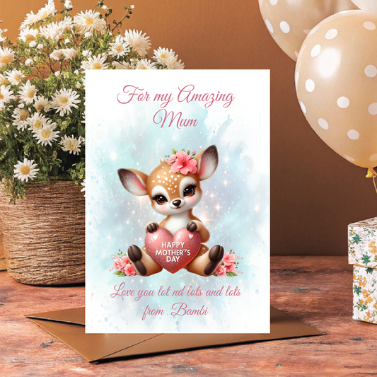 Greeting card with a cartoon deer holding a heart, surrounded by flowers and balloons on a wooden surface. Can be personalised with name of child/Children and for Mum,Mummy, Step Mum or Step Mummy, Grandma,Nanna