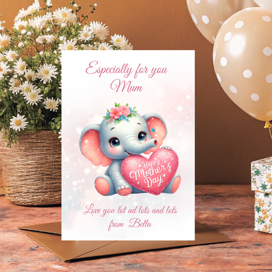 Mother's Day card with a cute elephant holding a heart, flowers, and balloons on a wooden surface. Can be personalised with name of child/Children and for Mum,Mummy, Step Mum, Step Mummy Grandma or Nanna