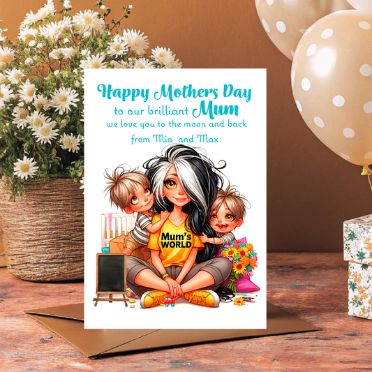 Mother's Day card with illustration of a woman and two children, surrounded by flowers and balloons. Can be Personalised with Child/Children's names. and for Mum, Mummy, Step Mum or Step mummy