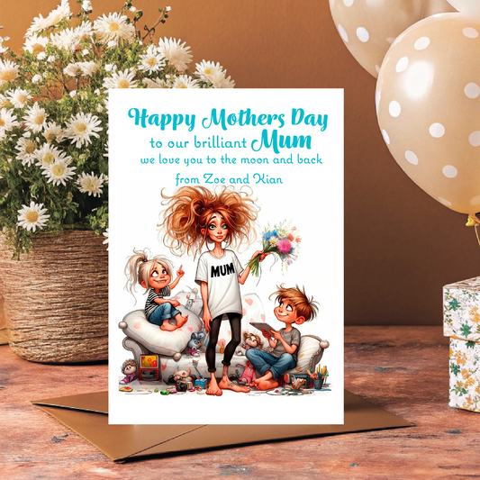 Mother's Day card with illustration of a mom and children, flowers, balloons, and gift box on a wooden surface. Can be Personalised with Child/Children's names. and for Mum, Mummy, Step Mum or Step mummy