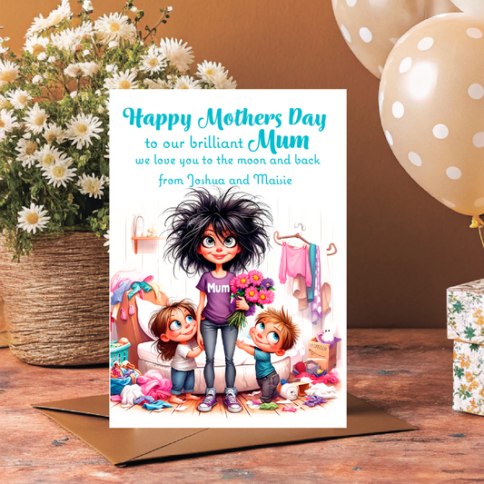 Mother's Day card with cartoon illustration of a mom and children, flowers, and balloons on a wooden surface. Can be Personalised with Child/Children's names. and for Mum, Mummy, Step Mum or Step mummy