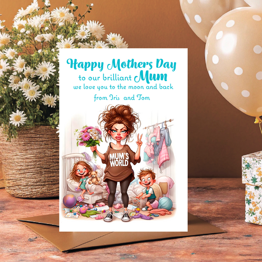 Mother's Day card with illustration of a mother and children, flowers, and balloons on a wooden surface. Can be Personalised with Child/Children's names. and for Mum, Mummy, Step Mum or Step mummy