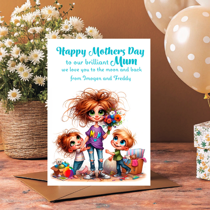 Mother's Day card with cartoon characters and flowers on a wooden surface with balloons and flowers. Can be Personalised with Child/Children's names. and for Mum, Mummy, Step Mum or Step mummy