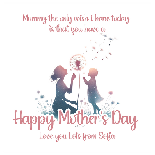 A mother's card featuring a blue and pink silhouette of a woman and a girl surrounded by flowers  blowing on a wish flower. With mothers day wishes text that can be personalised with Childs/children's names and for any maternal figure