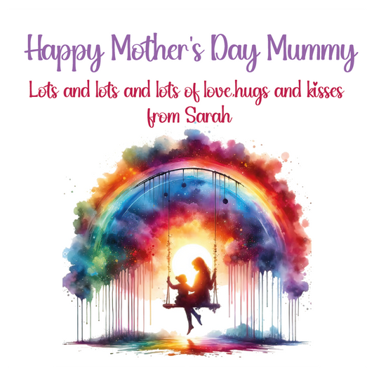 Mother's Day card with a colorful rainbow and silhouette of a mother and child on a swing. Can be personalised with child/children's names and for any maternal relationship