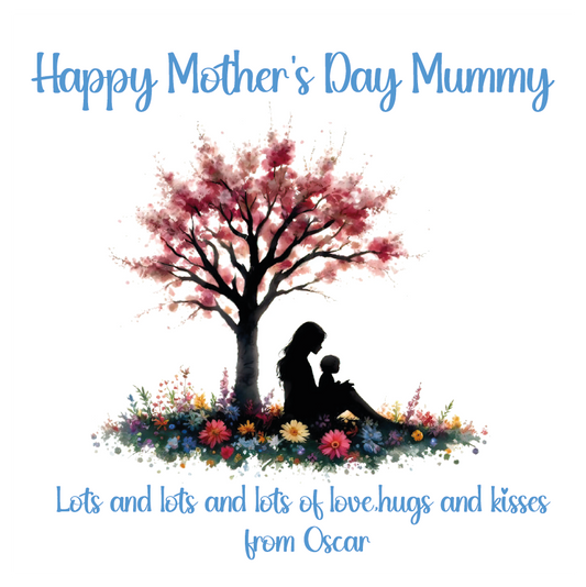 Silhouette of a mother and child under a tree with flowers, celebrating Mother's Day. Can be personalised with child/children's names and for any maternal relationship